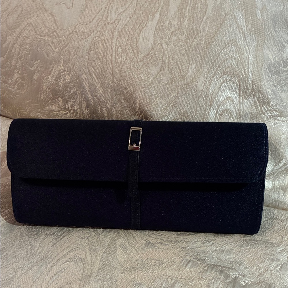 Elegant Satin Navy Blue Clutch with Silver Buckle.